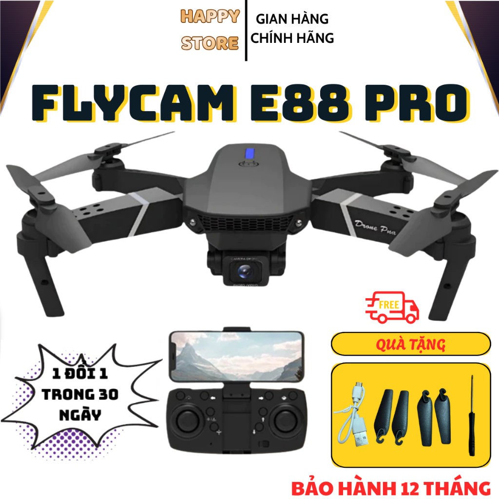 Flycam giá rẻ E88 Pro, Máy bay điều khiển từ xa, Dễ dàng cho người mới tập chơi, Flycam mini
