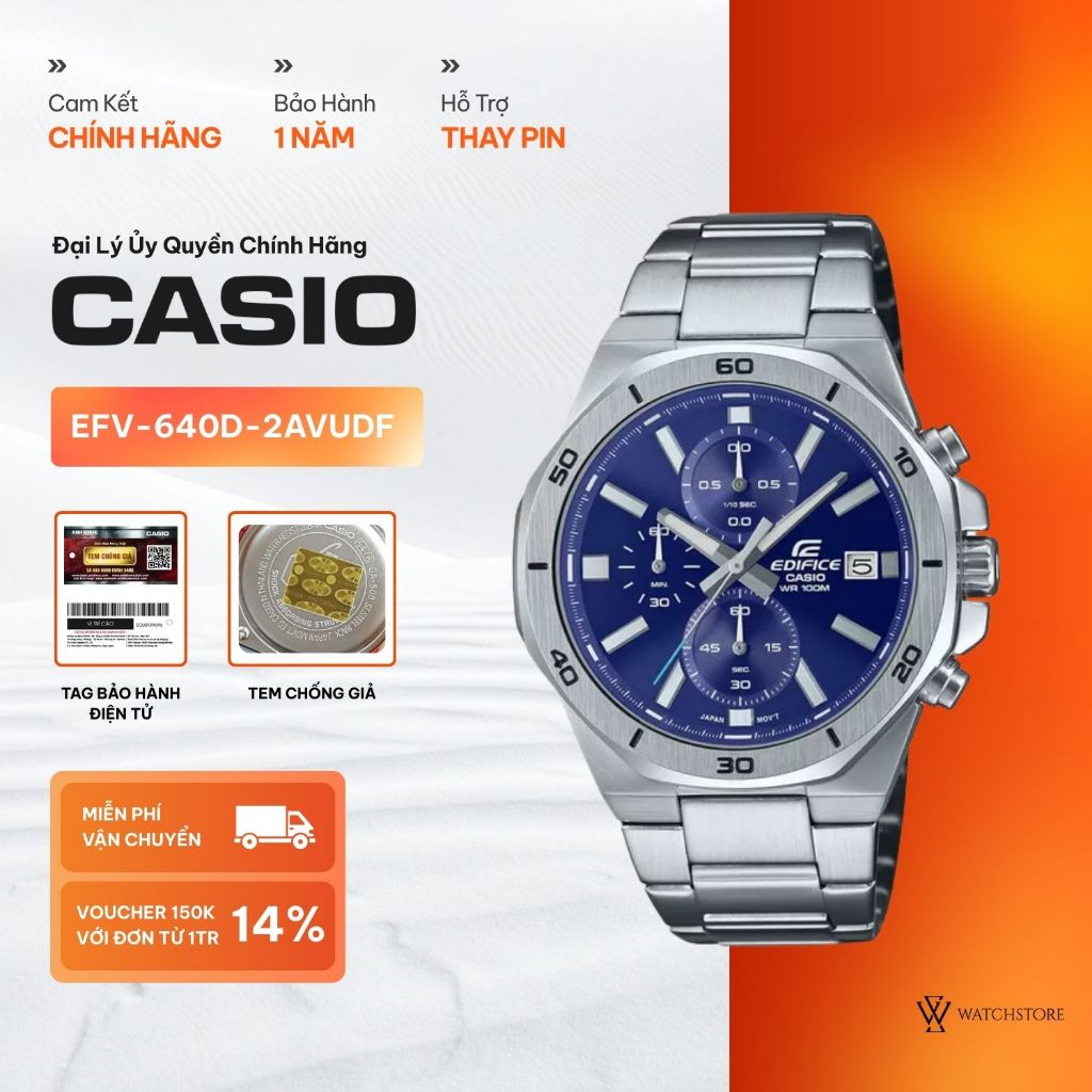 Đồng Hồ Nam Casio EFV-640D-2AVUDF 6 Kim Màu Xanh Mặt Kính Khoáng 44.3mm Chống Nước Dây Đeo Kim Loại 