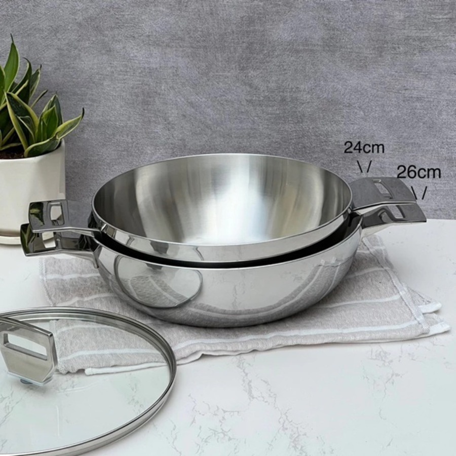 Chảo 2 quai sâu lòng inox 304 đáy từ đúc 3 lớp liền khối Tri-Ply Kaiyo KDW-3611 24cm/ KDW-3628 26cm