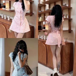 Váy Kẻ Caro Nữ Cúc Bọc Dáng Suông Tay Ngắn Form Rộng– Đầm Caro Hàn Quốc Ulzzang Mặc Đi Học Đi Chơi Chinny 7388