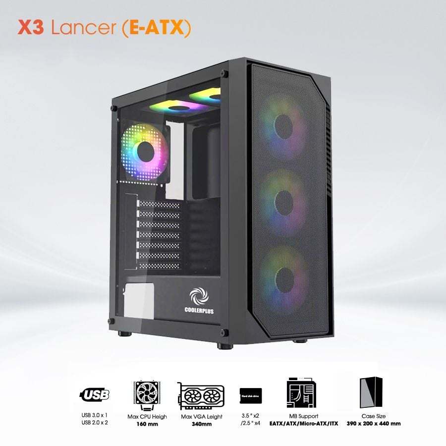Case Gaming Cao Cấp COOLERPLUS X3 Lancer E-ATX – Vỏ Case Kính Cường Lực Sang Trọng, Hỗ Trợ VGA 340mm
