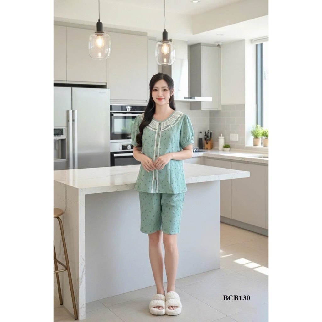 Đồ bộ mặc bầu và sau sinh Mum's Shop BCB130 bộ mặc nhà chất đũi hoa xanh nhí mát nhẹ bầu mặc hè