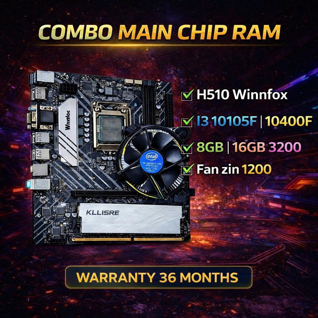 Combo Main H510 Winnfox + Cpu 10105F 10400F + Ram 8G 3200 + Tản zin bảo hành 24 tháng - build pc rẻ