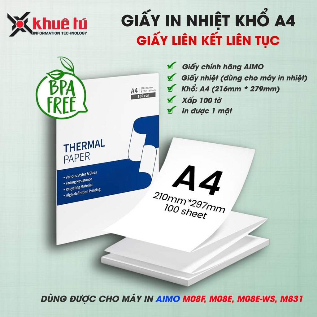 Giấy In Nhiệt Loại Tờ Liên Kết Khổ A4, KT-A4M8 (Sử dụng cho máy M08F, M831, M08E) [GIẤY CHÍNH HÃNG A