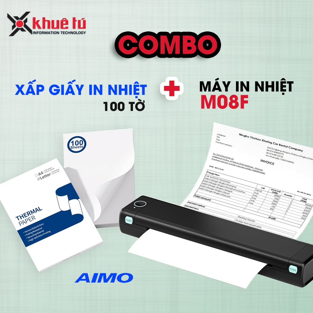 COMBO [ 01 Máy in nhiệt M08F + Xấp Giấy In Nhiệt Chính Hãng AIMO ]