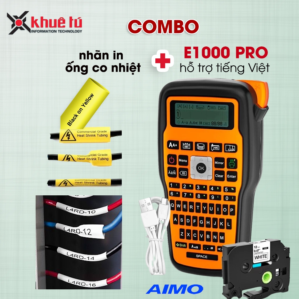 COMBO Máy In Nhãn E1000 Pro + 3 Cuộn Nhãn Co Nhiệt Màu Vàng Dùng Thi Công Điện Mạng