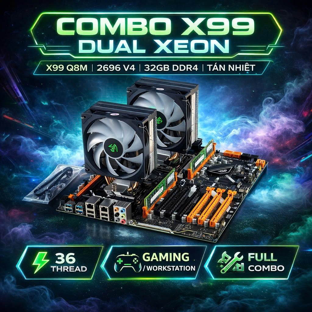 Combo Dual Xeon X99 Q8M VSP / 2696 v4 / 32G 2133 / Tản tháp chuyên giả lập, render, nox giá thợ