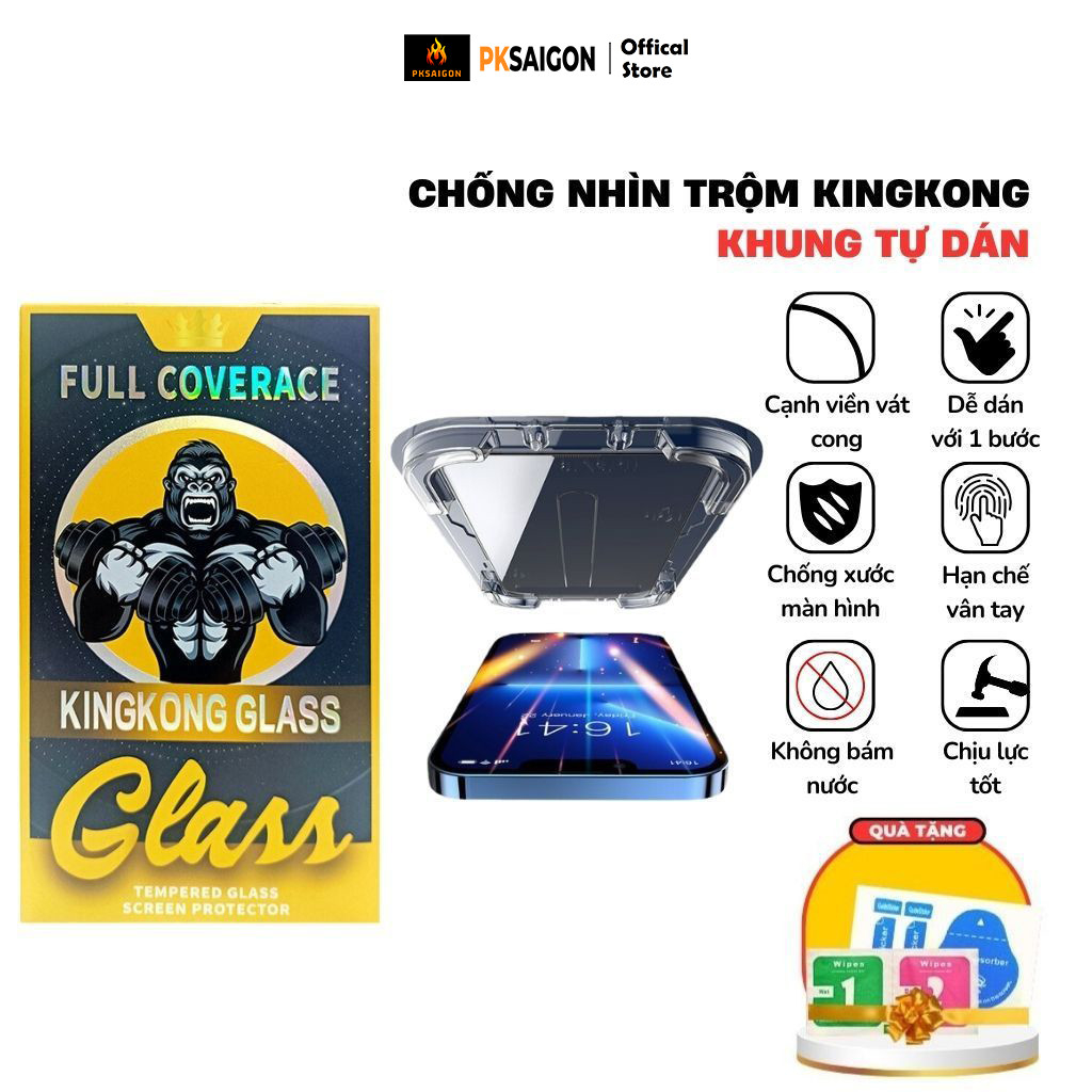 Kính Cường Lực KlNGKONG Chống Nhìn Trộm Có Khung Tự Dán Cho lPhone 6 - 16 Pro Max Chống Vân Tay Chốn
