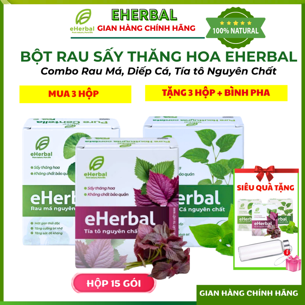 Bột Rau Detox Rau Má - Diếp Cá - Tía Tô Sấy Thăng Hoa eHerbal Nguyên chất 100%,KHÔNG đường/ mật ong