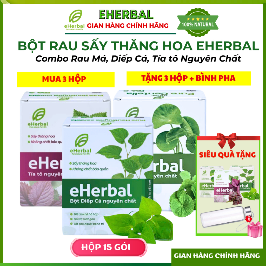 Bột Rau Detox Diếp Cá, Rau Má, Tía Tô Sấy Thăng Hoa eHerbal Nguyên chất 100%,KHÔNG đường/ mật ong