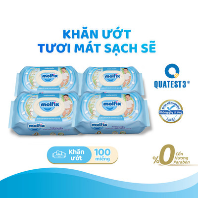 Combo 4 gói Khăn ướt Molfix thiên nhiên tươi mát sạch sẽ Molfix hương dịu nhẹ 100 miếng/gói
