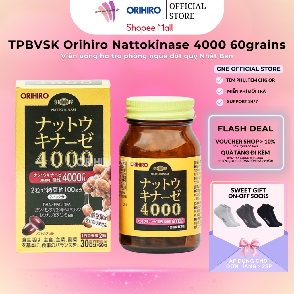 TPBVSK Viên Uống Hỗ Trợ Phòng Đột Quỵ Tai Biến Orihiro Nattokinase 4000 FU Nhật Bản 60 Viên