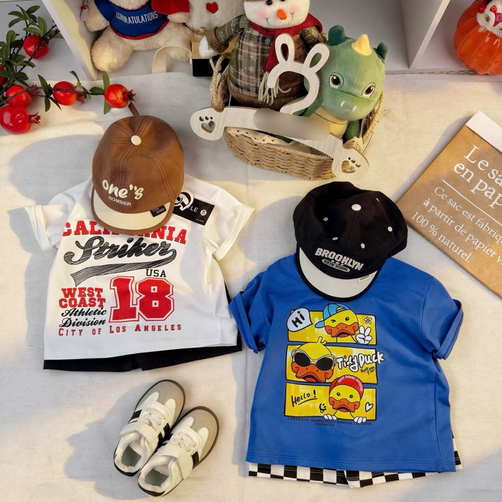 Hanna_shop// SET 2 BỘ ĐÙI BÉ TRAI VỊT CALI XANH TRẮNG QUẦN CARO