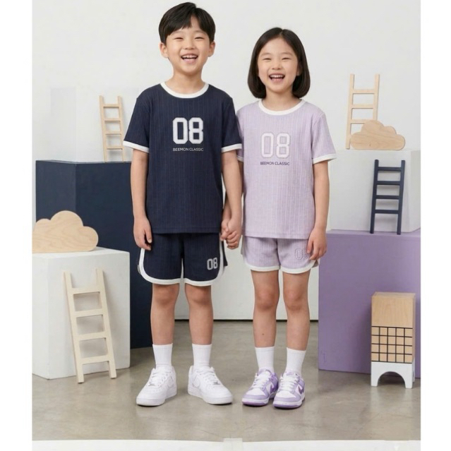 Bộ cotton thông hơi Beemon cho bé in số viền sọc trắng