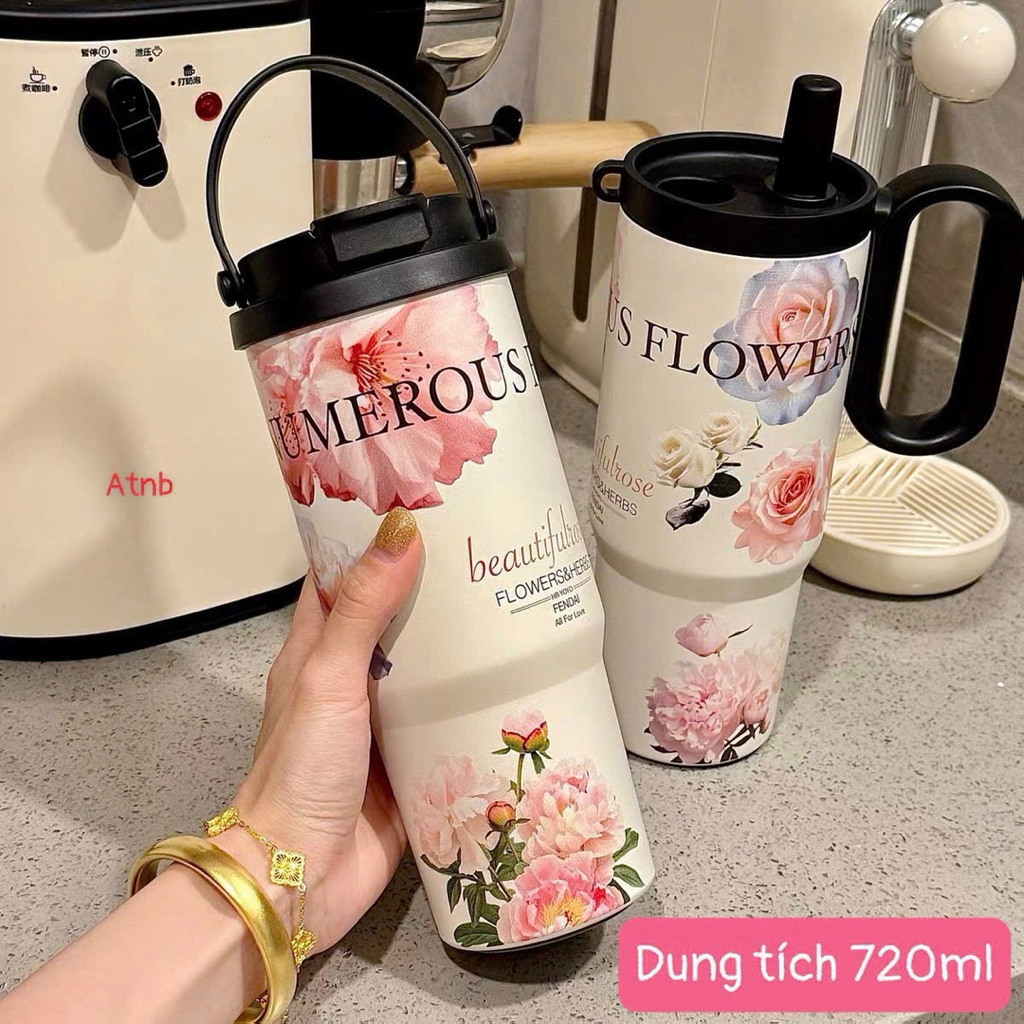 Ly Giữ Nhiệt NUMEROUS FLOWER 720ML - Bình Giữ Nhiệt Inox 316 Cao Cấp Có Ống Hút & Quai Cầm Thời Tran