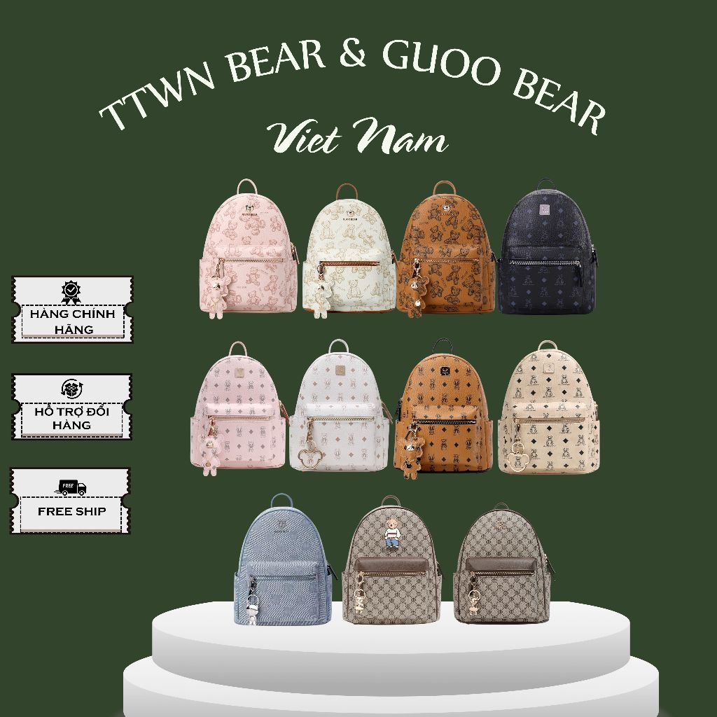 TTWN BEAR & GUOO BEAR Tổng Hợp Balo Đeo Vai Size L GUOO BEAR Chính Hãng Chất Liệu Canvas + Da PVC Ca