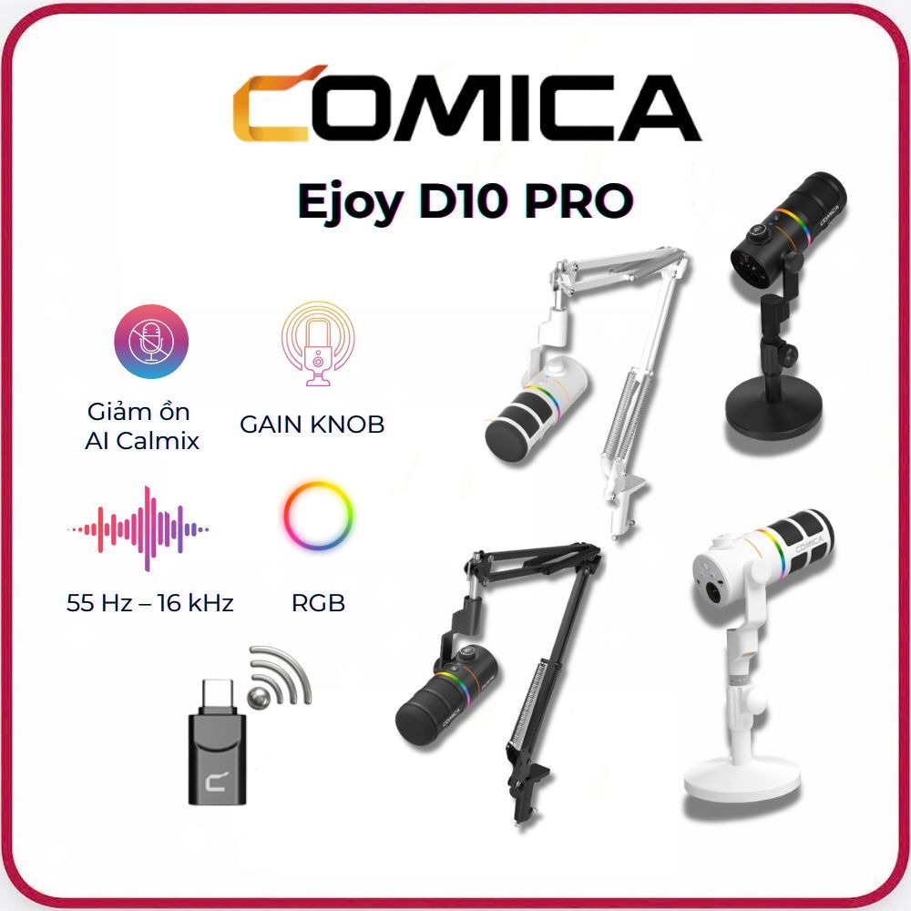 COMICA EJOY D10 PRO - Mic Thu Âm Không Dây - Hiệu Ứng Đèn Micrô RGB - Hàng Chính Hãng