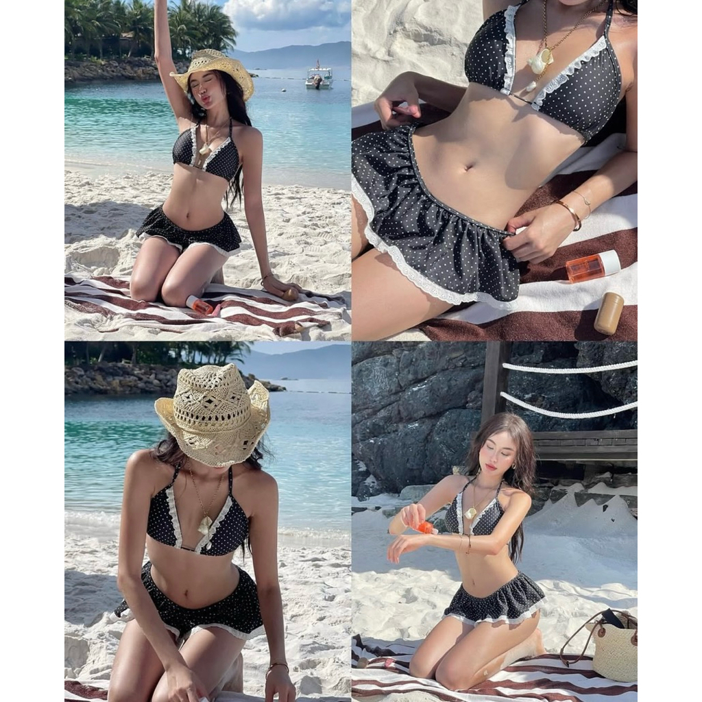 Bikini CAMCAM- bikini màu chấm bi đen áo tam giác váy 1 tầng phối ren siêu xinh dễ mang | BigBuy360 - bigbuy360.vn