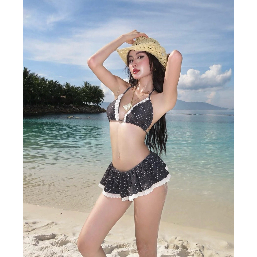 Bikini CAMCAM- bikini màu chấm bi đen áo tam giác váy 1 tầng phối ren siêu xinh dễ mang | BigBuy360 - bigbuy360.vn