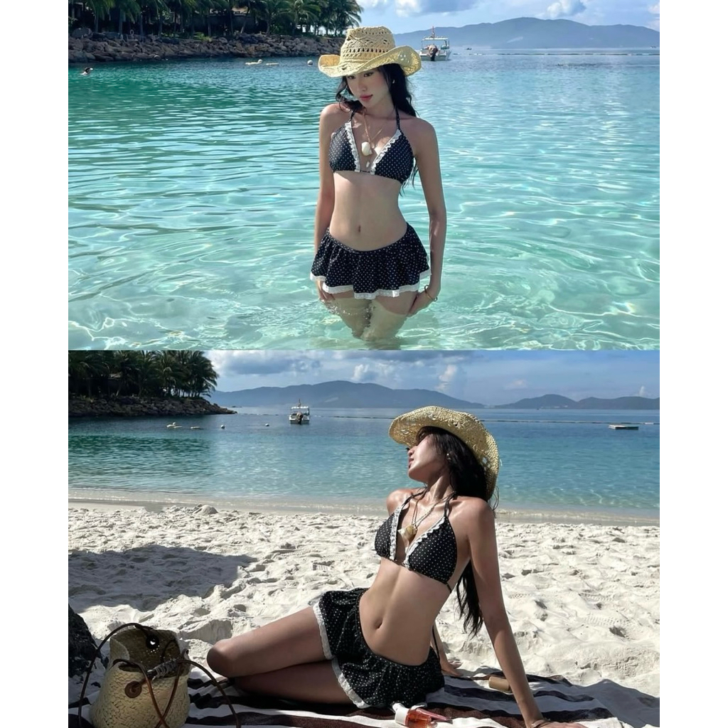 Bikini CAMCAM- bikini màu chấm bi đen áo tam giác váy 1 tầng phối ren siêu xinh dễ mang | BigBuy360 - bigbuy360.vn