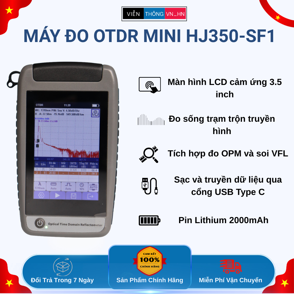 Máy Đo OTDR Mini HJ350-SF1 (Màn hình cảm ứng)- Đo sống suy hao - khoảng cách - lỗi sợi quang + Tặng 1 miếng dán màn hình