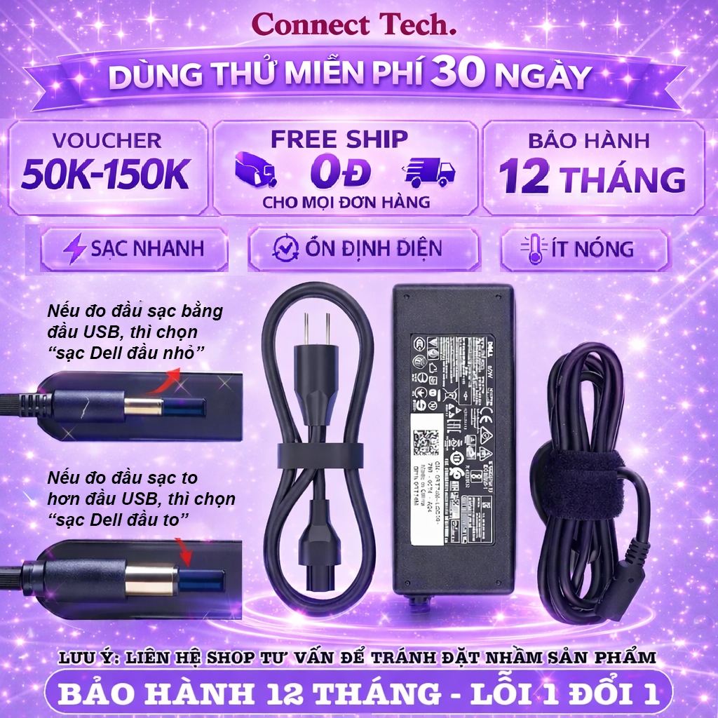 Sạc laptop Dell dùng cho laptop Dell Inspiron, Dell Latitude,Dell Vostro, Sạc Dell chân to, chân nhỏ