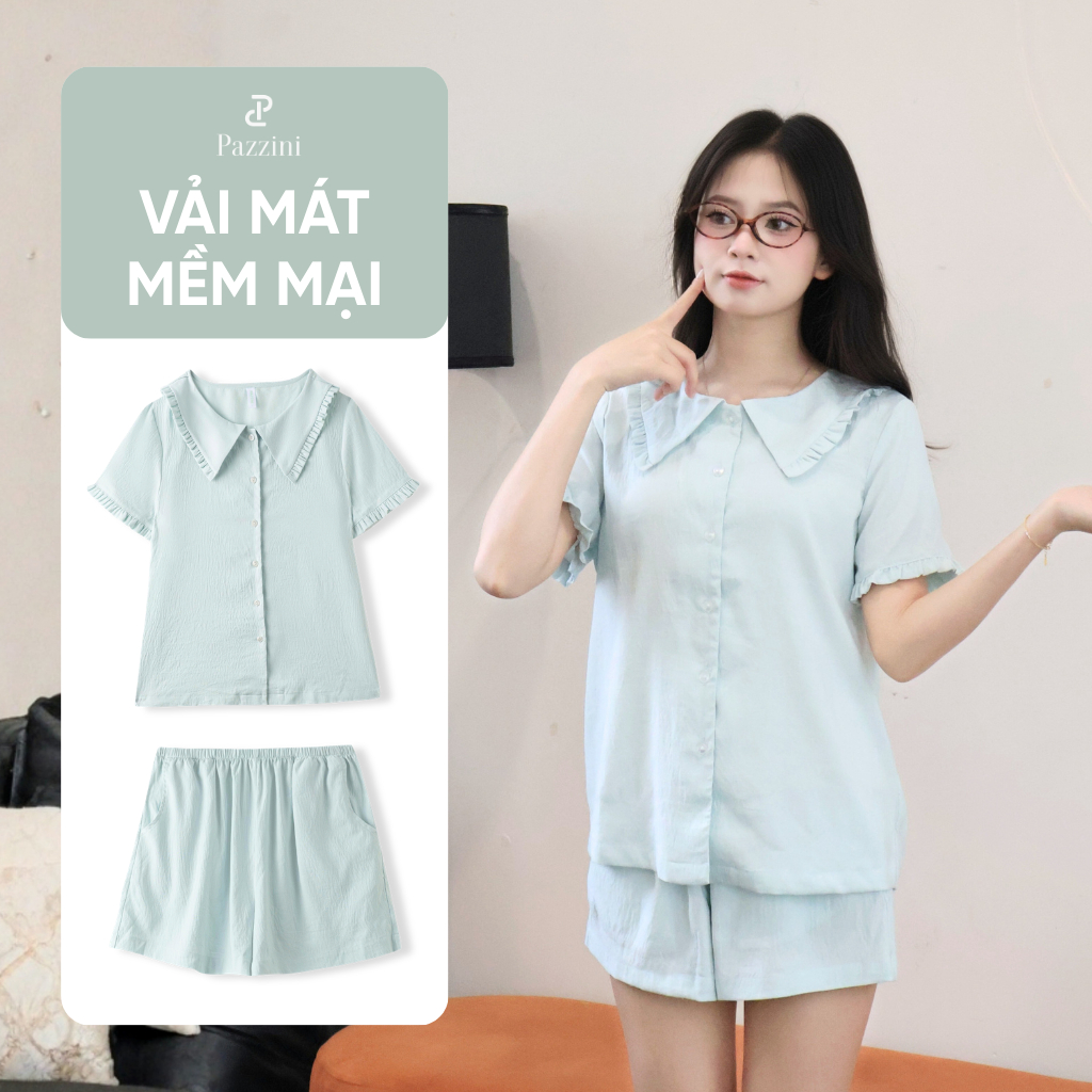 Bộ mặc nhà nữ ngắn tay pyjama Pazzini quần cộc chất liệu thoáng mát màu pastel cực trendy phù hợp mọ