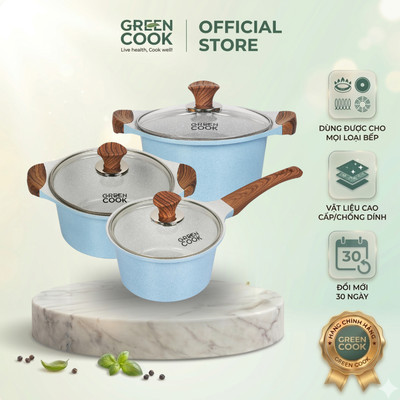 Bộ 3 nồi đúc chống dính PFOA free men đá xanh Sapphire tay cầm chống bỏng đáy từ Green Cook GCS09-18,20,24