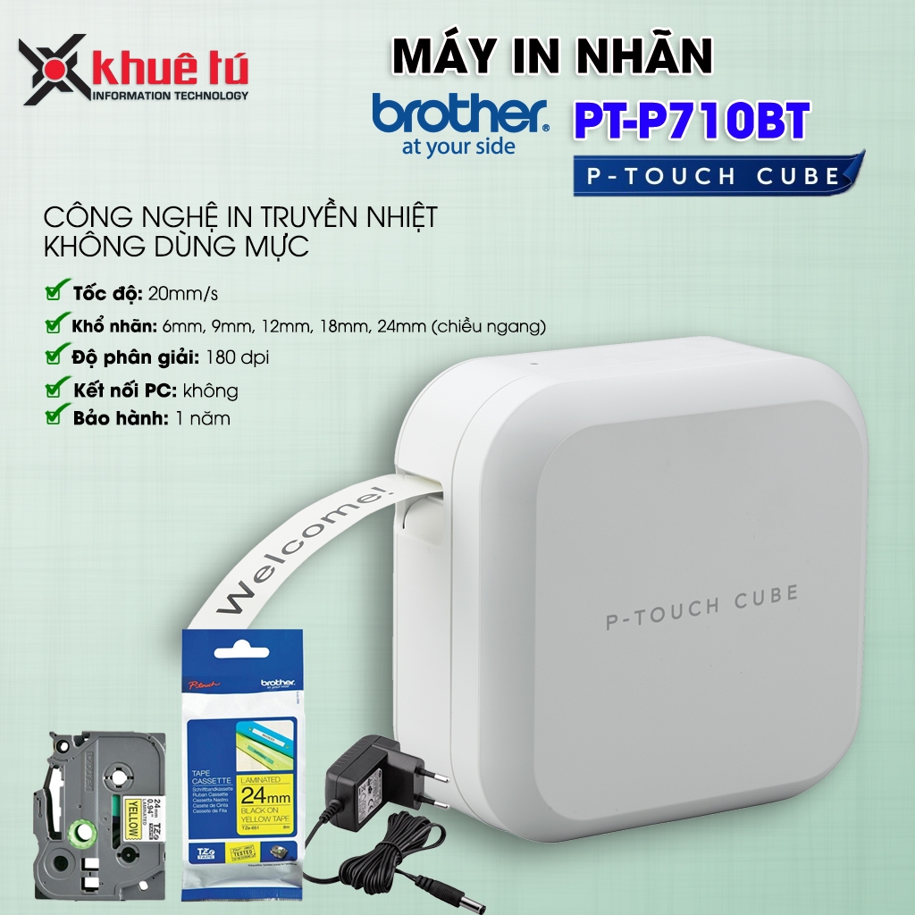 Máy In Nhãn Chính Hãng Brother P-Touch Cube PT-P710BT [tặng kèm 1 hộp nhãn Brother TZe-24mm]
