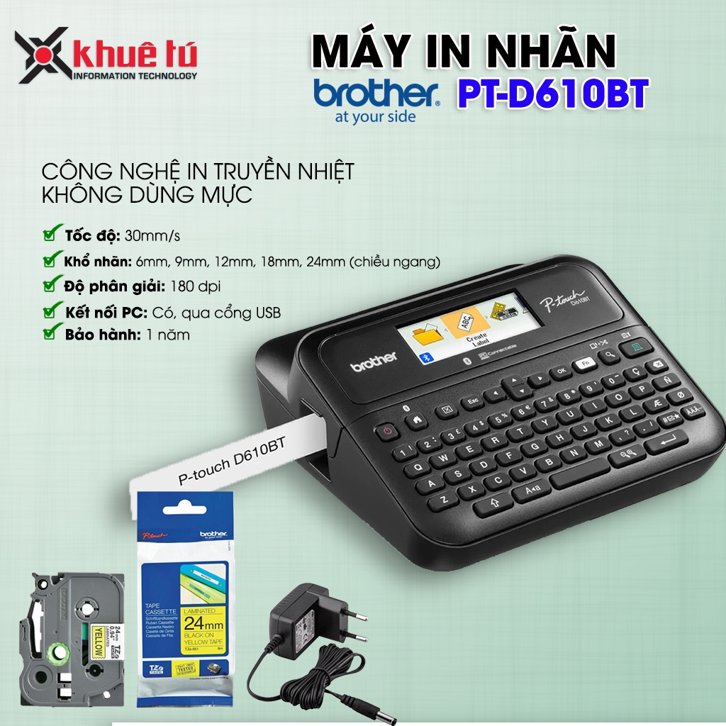 Máy In Nhãn Brother PT-D610BT, Kết Nối Bluetooth, USB - Tặng kèm 1 cuộn nhãn 24mm - Chính Hãng, BH 1