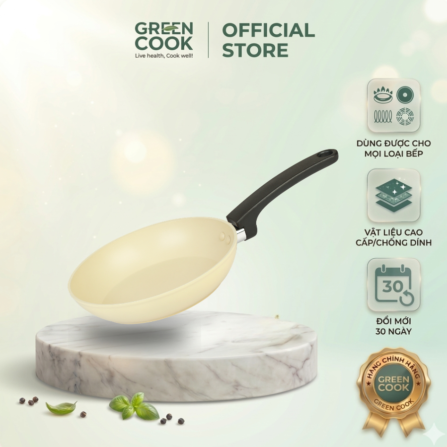 Chảo Vân Đá Đáy Từ Green Cook GCP224-20IH Cán Đen New - Sử Dụng Được Bếp Từ