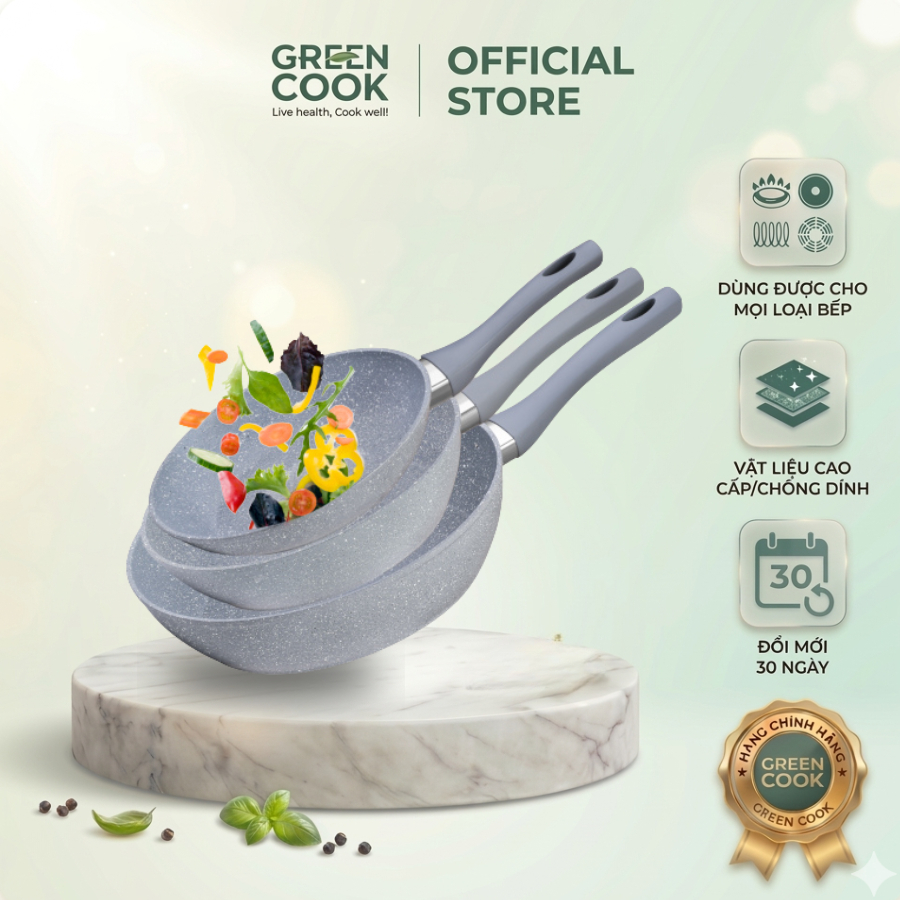 Bộ 3 chảo chống dính vân đá PFOA free đáy từ Green Cook GCP02