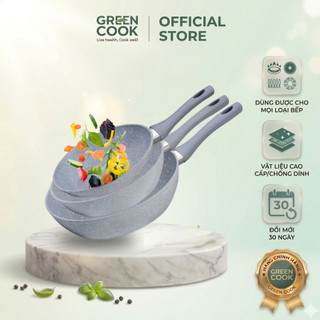 Bộ 3 chảo vân đá chống dính pfoa free đáy từ green cook gcp02-22,26,28cm