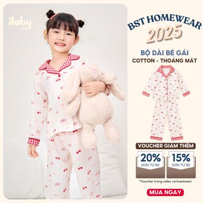 [BÁN CHẠY] Bộ pijama bé gái ILABY đồ ngủ cotton họa tiết cherry phối caro size 9-40kg [3535]