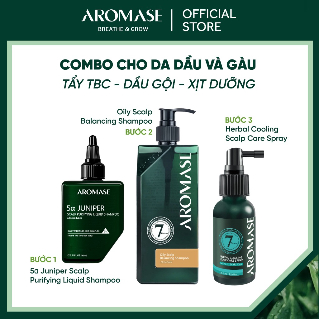 Combo 3 bước dành cho da đầu gàu và dầu AROMASE Tẩy tế bào chết - Dầu gội - Xịt dưỡng thảo dược