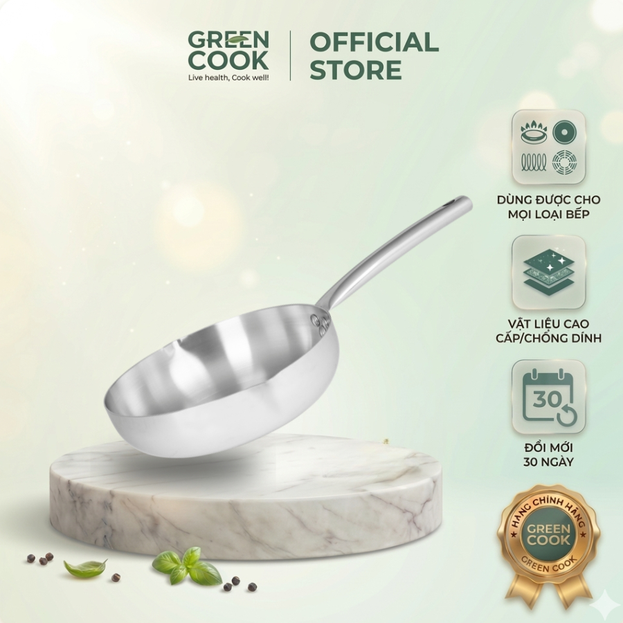 Chảo Inox 3 Lớp Nguyên Khối Green Cook GCP254