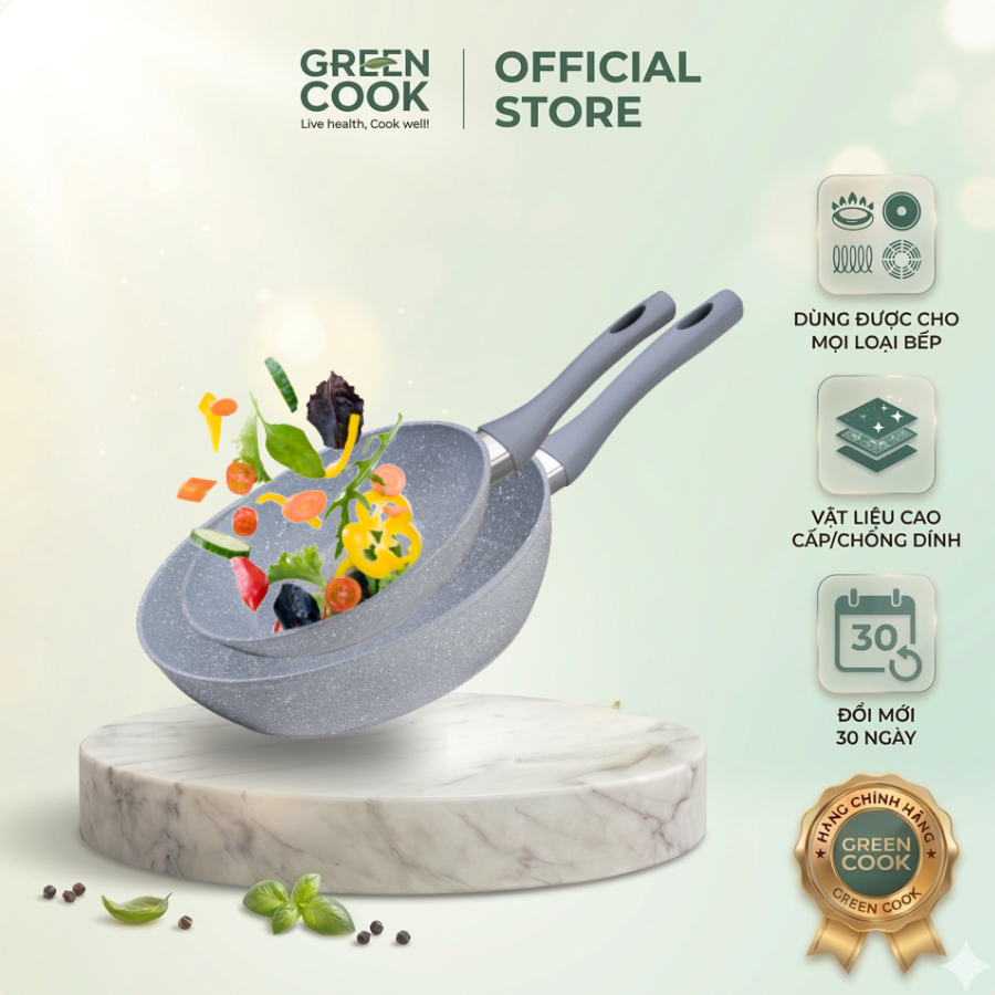Bộ 2 chảo chống dính PFOA free đáy từ vân đá Green Cook GCP02
