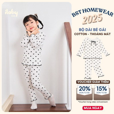 Bộ dài tay bé gái ILABY đồ bộ mặc nhà chất liệu thun tăm ren nơ đính cổ họa tiết trái tim [3611]