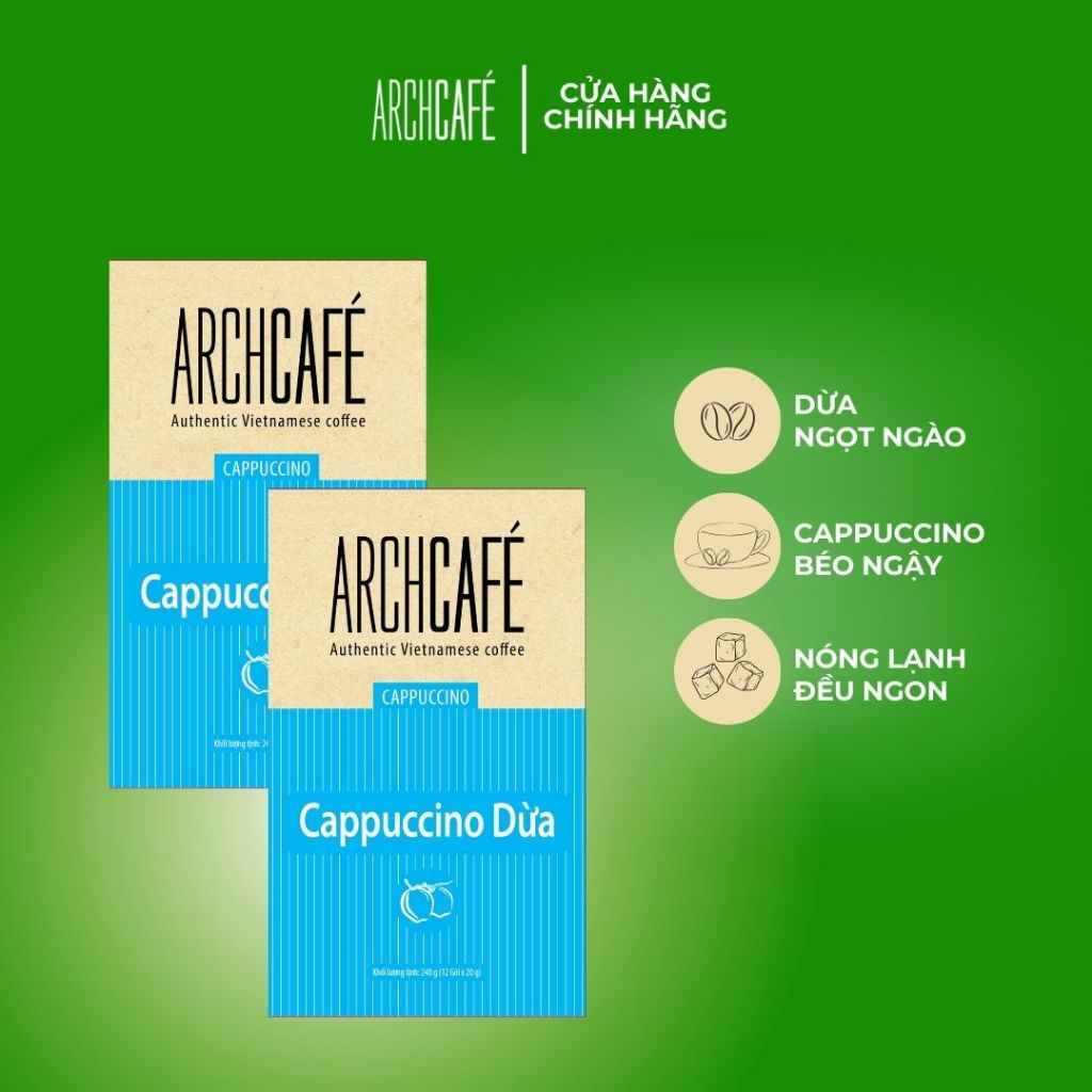 Combo 2 Archcafe Hoà Tan: 02 hộp Cappuccino Dừa Archcafe (Hộp 12 gói x 20g)
