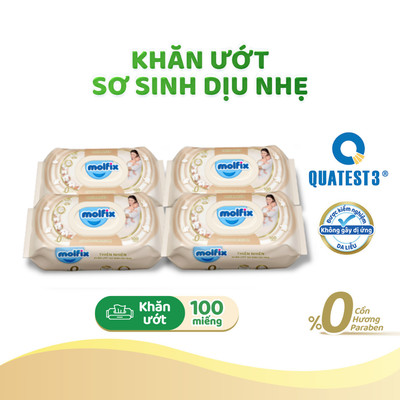 Combo 4 gói Khăn ướt Molfix thiên nhiên sơ sinh dịu nhẹ không hương - 100 miếng/gói