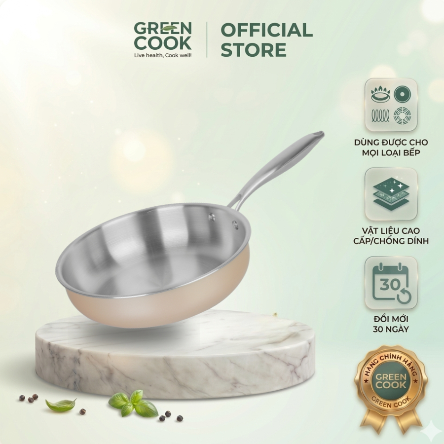 Chảo Inox Nguyên Khối  Đáy Từ Green Cook GCP245