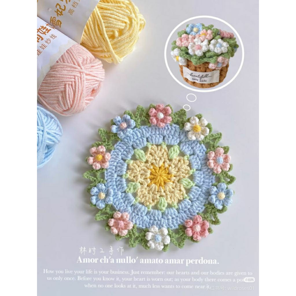 móc khóa len handmade, lót ly, cốc nước bằng len handmade, lót ly hoa deco, quà tặng