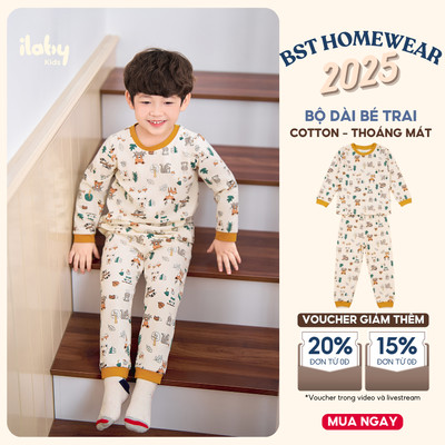 Đồ bộ mặc nhà bé trai ILABY thiết kế dài tay in hình động vật dễ thương chất liệu cotton [3490]