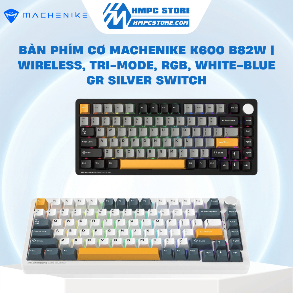Bàn phím cơ Machenike K600 B82W | Wireless, Tri-mode, RGB, Grey-Black, GR Silver Switch - Bảo hành 1