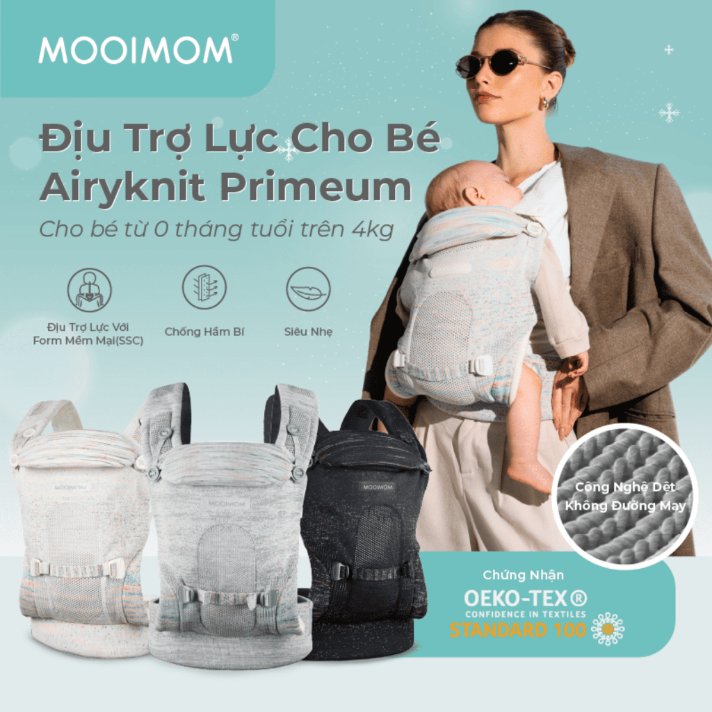 Địu Trợ Lực MOOIMOM AiryKnit Cho Bé 0–36M, Mềm Mại, Thoáng Khí, Đệm Đỡ Cổ, Đạt Chuẩn An Toàn Quốc Tế
