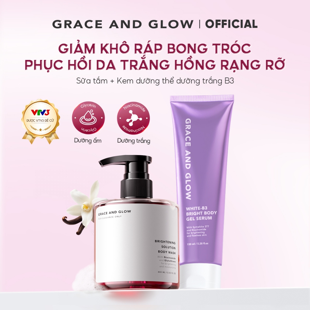 [MỚI] Combo 2 Sữa dưỡng thể dạng B3 Sữa tắm trắng da Grace and Glow hỗ trợ chống khô ráp bong tróc d