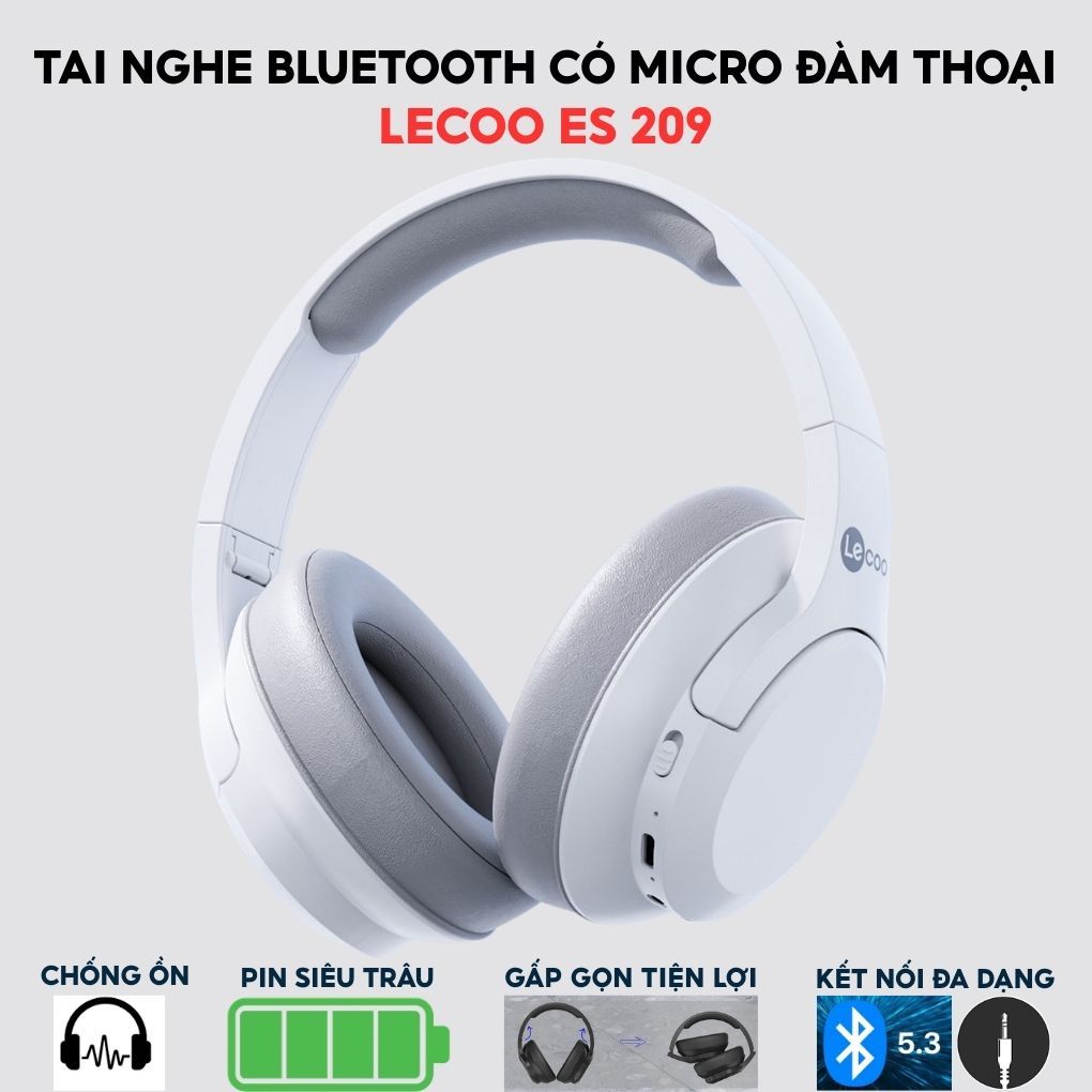 Tai Nghe Không Dây Lenovo Lecoo ES209 Bluetooth 5.3, Chụp Tai Êm, Có Micro Đàm Thoại, Pin Lâu, Gập G