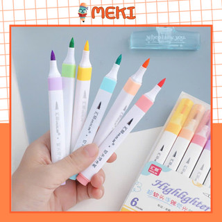 Set 6 Bút Highlight Pastel Huilin - Bút Dạ Quang Pastel Đầu Cọ Mềm, Bút Highlight Ghi Chú Bullet Journal - MEKI