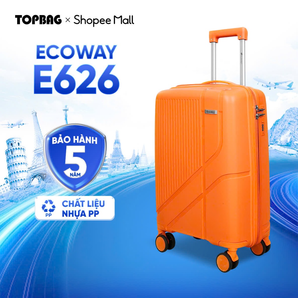 Vali Du Lịch ECOWAY E626 Siêu Nhẹ, Nhựa PP Khoá Số Bảo Mật Chống Va Đập size 20/24/28