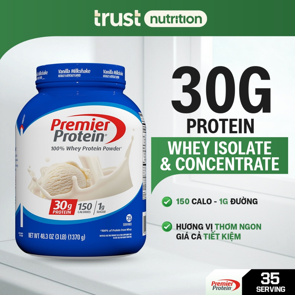 Bột tăng cơ Premier Whey Protein, 3Lbs, Vanilla Milkshake, hỗ trợ kiểm soát cân nặng